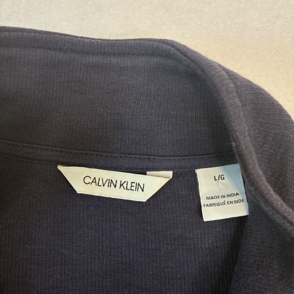 Calvin Klein Full Zip Sweater Mens Large Navy Blue Heather Mock Neck Casual Logo - Picture 2 of 8